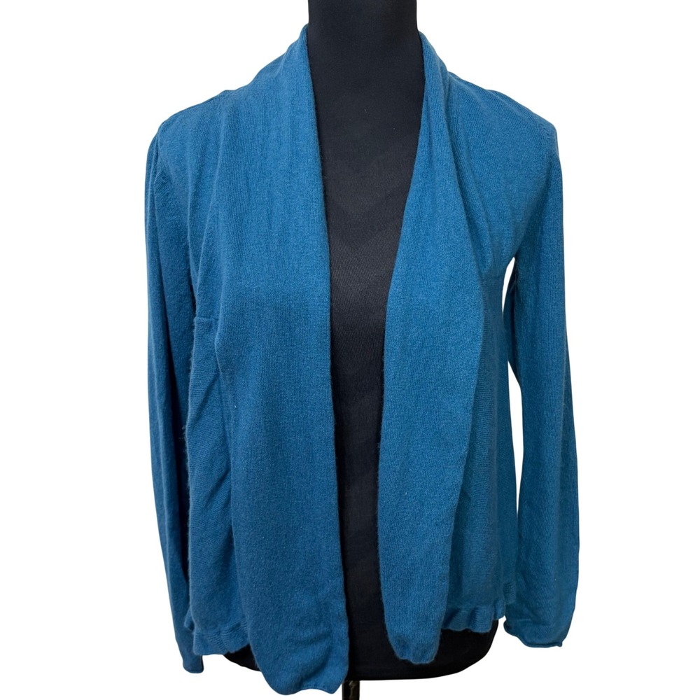 Garnet Hill Teal Blue Silk Cashmere Blend Open Front Ruffle Hem Cardigan Sweater